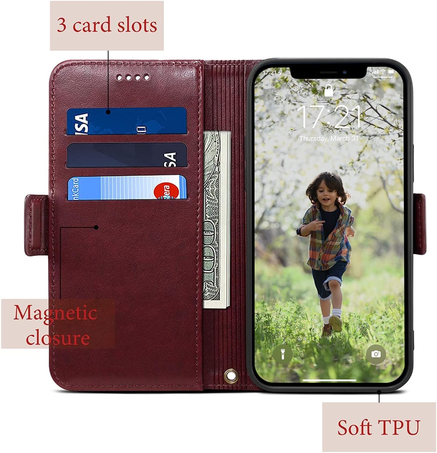 Keallce Compatible with iPhone 12/12 Pro Case, Leather Flip Wallet Case for iPhone 12 Pro [3 Card Slots] [Change Slot] [Magnetic Closure] [Wrist Strap] Cover Case Compatible with iPhone 12 6.1" Wine