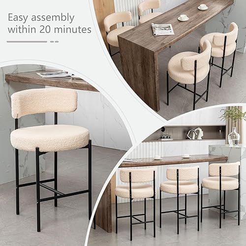 Vista 5 de Boucle - Juego de 2 taburetes de bar modernos de 24 pulgadas con respaldo, taburetes de bar tapizados para isla de cocina, bar, cafetería (beige)