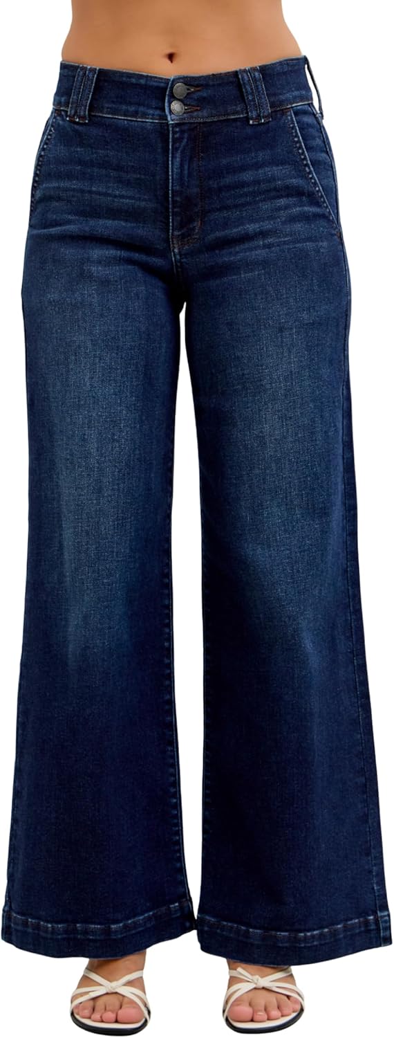 Judy Blue High Waist Dark Wash Wide Leg Trouser Jeans, Short Inseam 31"