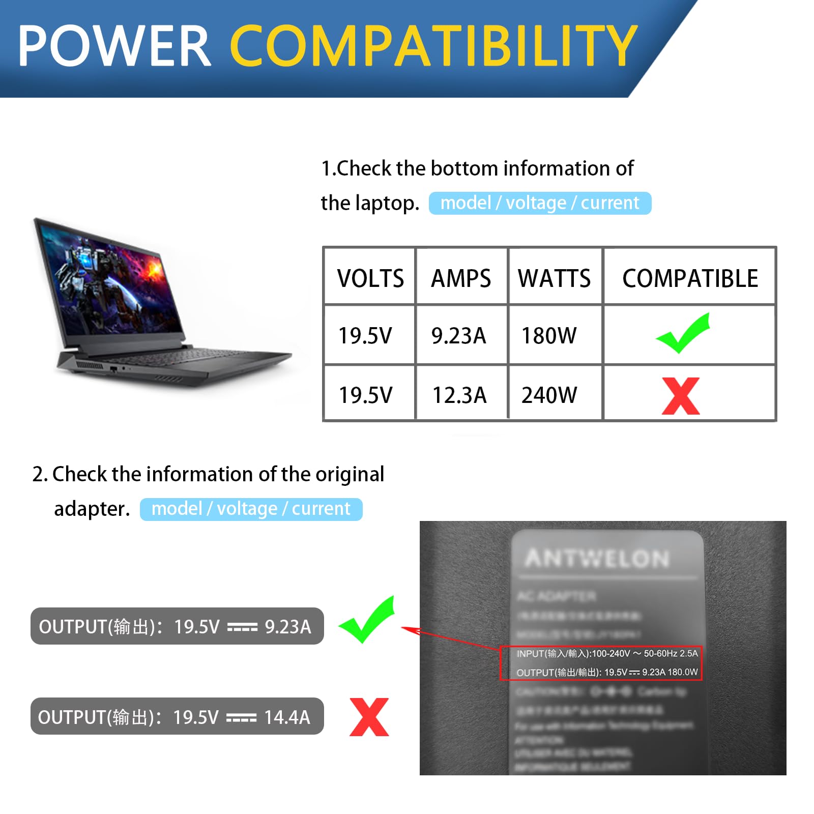 ANTWELON 180W Ładowarka 19,5V 9,23A do laptopa MSI Creator M16, Stealth 15M, Crosshair Sword 15 17, GF66 GF76 GL66 GL76 4,5 * 3,0mm