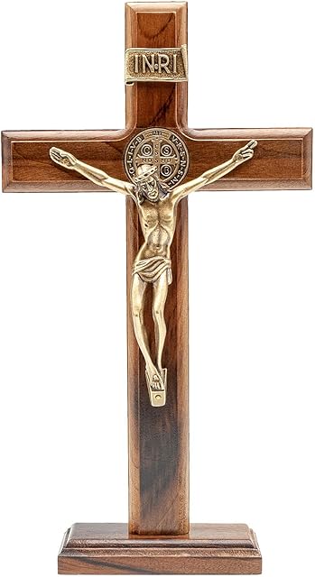 Intercession Wall and Table Wood Cross Crucifix (10 inches - Antique Gold)
