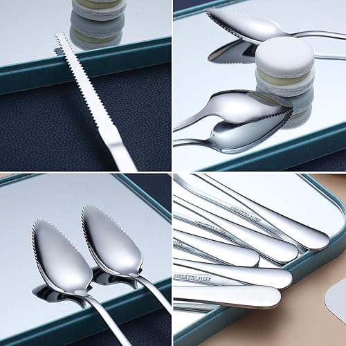 Miniatura 7 de HOMQUEN Juego de 5 cucharas de pomelo, 4 cucharas de acero inoxidable y 1 cuchillo con chapado de titanio, bordes dentados para utensilios (plateado)