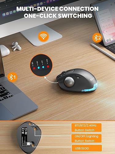 Miniatura 4 de SABLUTE Ratón de Trackball inalámbrico, ergonómico Bluetooth recargable para computadora, mouse retroiluminado para computadora portátil con 5