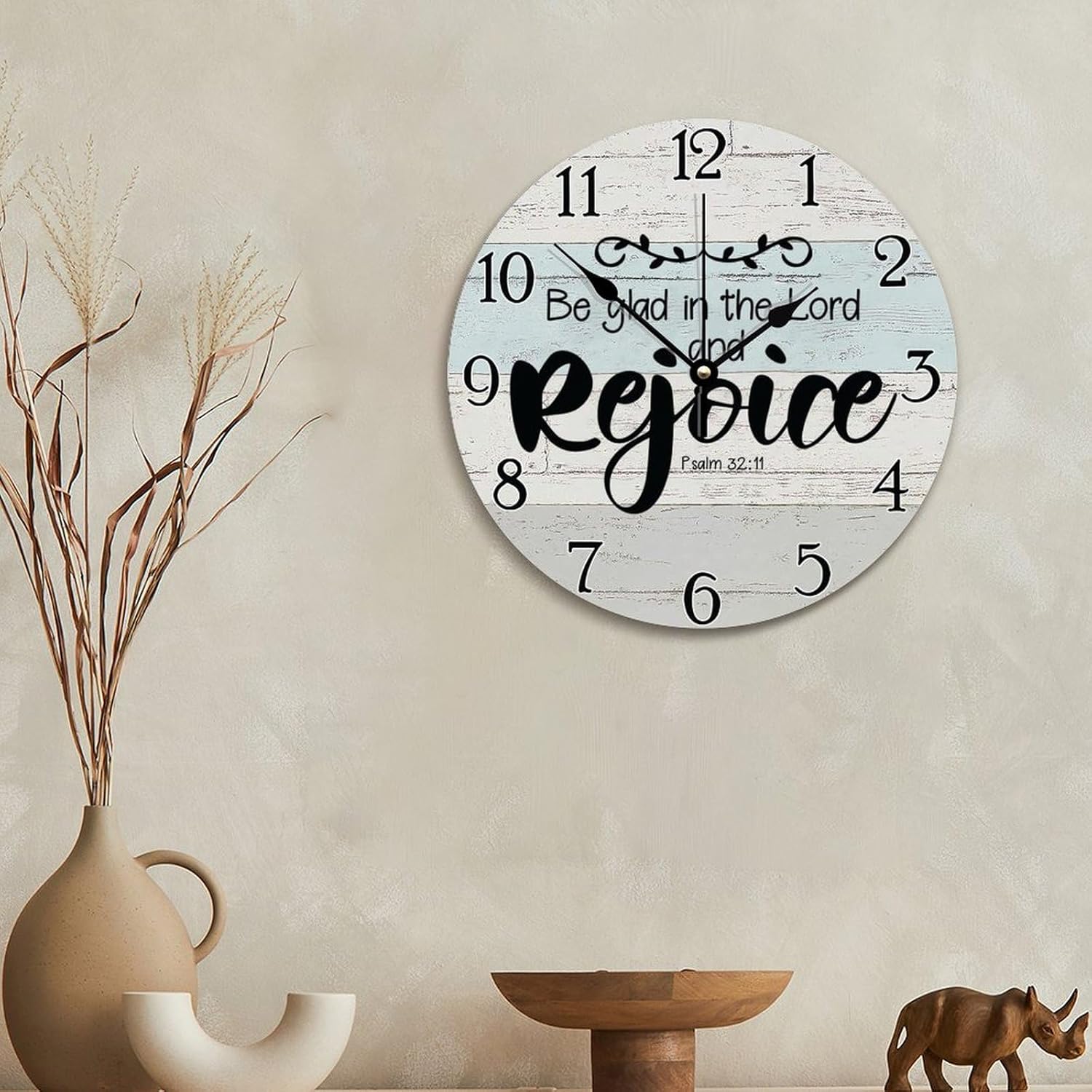 Bible Verse Wall Clock Be in The Lord and Rejoice Large Wooden Wall Clocks Battery Operated 12 Inch Silent Scripture Print Decor for Bedroom Living Room Farmhouse Wall Decor