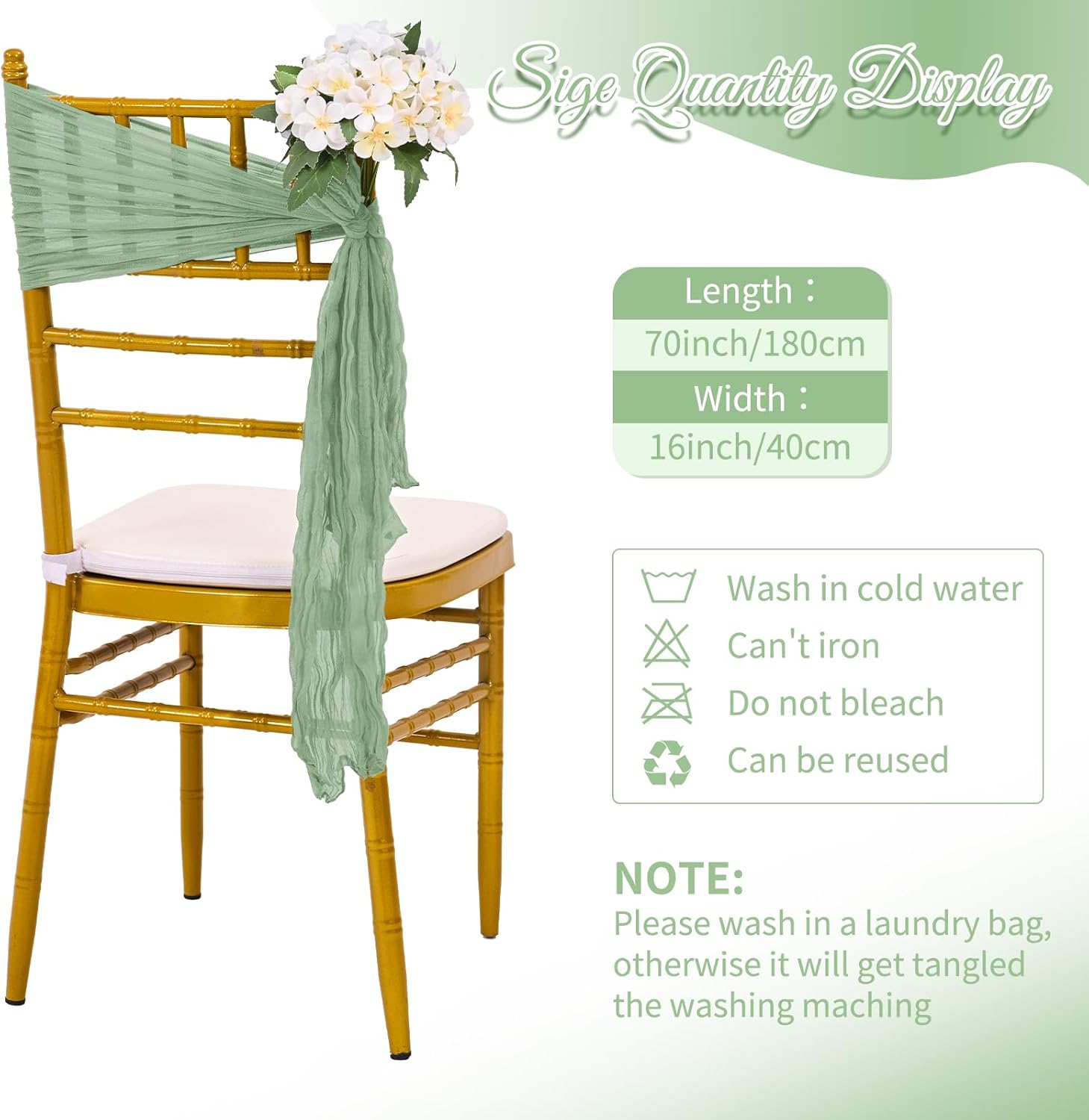 60 PCS Sage Green Chair Sashes Cheesecloth Sashes Rustic Chair Decorative Bows Designed ChairCover for Wedding Banquet Party Aisle Home Kitchen Decoration (16 x 70 inch)