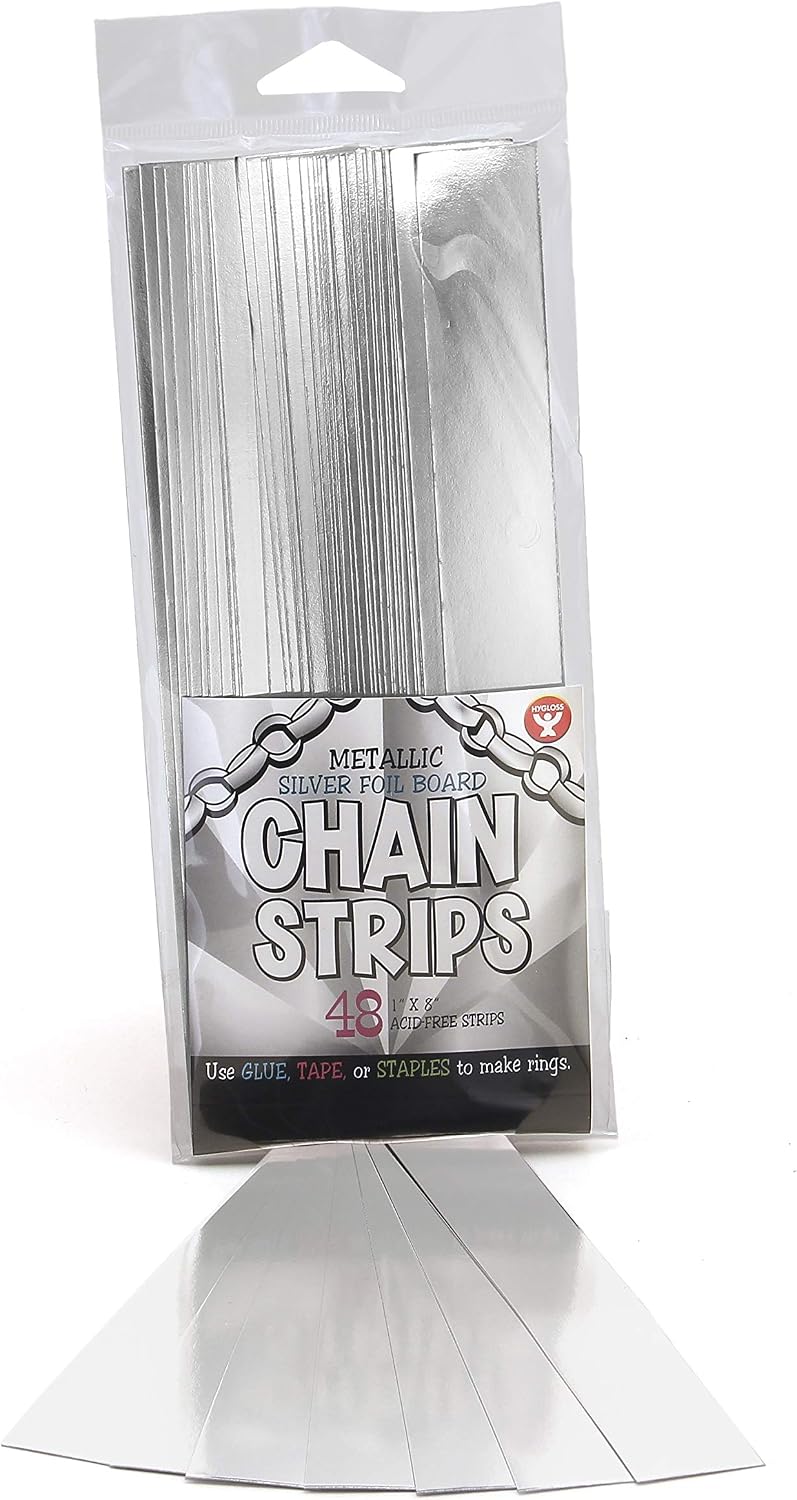 Hygloss 48 Silver Shiny Paper Chain Strips, Metallic Foil Board Cardstock Chains, 1 x 8-Inch, for DIY Garland, Classroom & Party Decorations