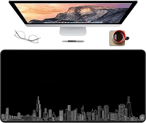 Alfombrilla de mouse grande para juegos, diseño de paisaje urbano negro con base antideslizante, borde cosido - Chicago