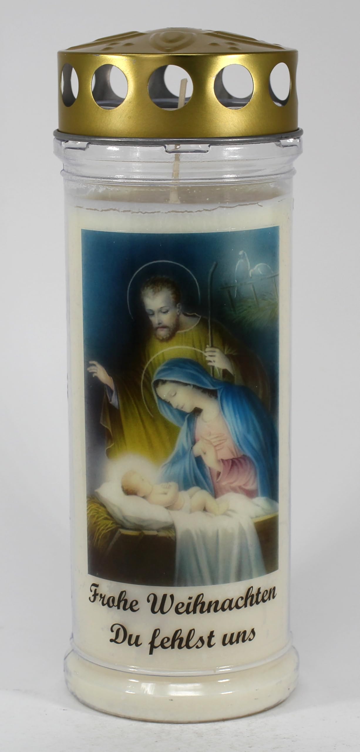 Grabkerze Weihnachten, Krippe - 21x7,5 cm - Grablicht mit 7 Tage Brenndauer – (3764) – Hochwertige Trauerkerze mit Motiv