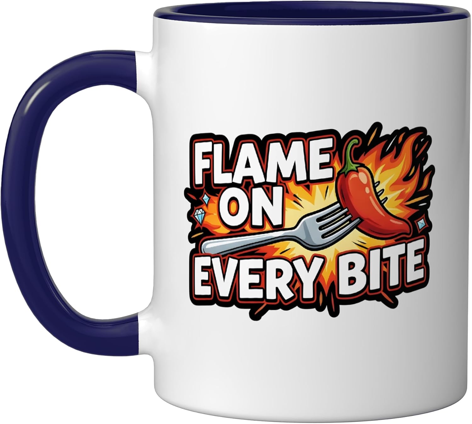 Flame On Every Bite Hot Sauce Chili Pepper Ceramic Mug, Black/White, 11oz image 5