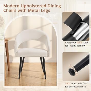 LUE BONA Modern Dining Chairs Set of 4, Upholstered Armrest Side Chairs for Kitchen & Dining Room, 18.5 Seat Height, Comfortable Curved Hollow Backrest, Black Metal Legs, Easy Assembly, Beige