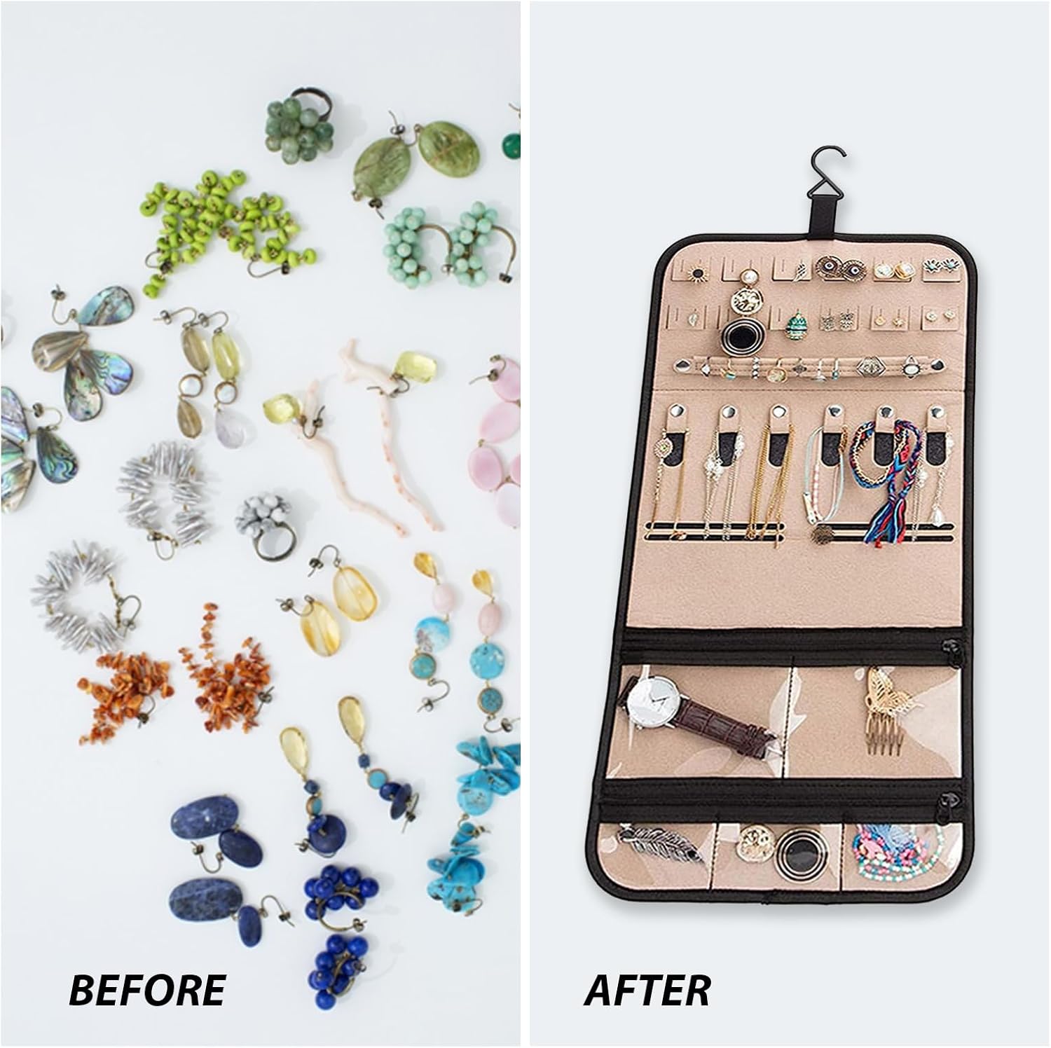 [LHYTFPGYL] トラベルジュエリーオーガナイザーケース2個、ジッパーポケット付きハンギングロールバッグ