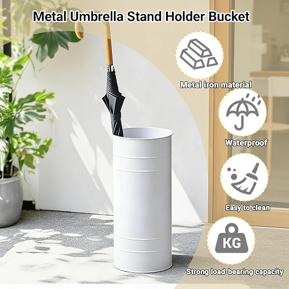 Metal Cylindrical Umbrella Stand Rack with Drip Tray, Iron Round Umbrella Holder Entryway Storage Bucket Holds 4-6 Umbrellas & Walking Sticks, for Hallway Hotel Lobby Office.(White1)