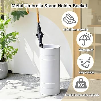 Metal Cylindrical Umbrella Stand Rack with Drip Tray, Iron Round Umbrella Holder Entryway Storage Bucket Holds 4-6 Umbrellas & Walking Sticks, for Hallway Hotel Lobby Office.(White1)