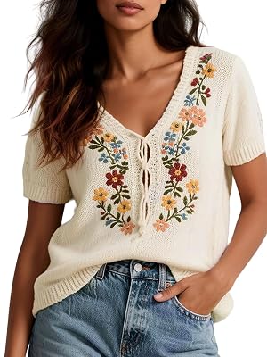 utcoco Womens Y2K Floral Embroidered Tie V Neck Knit Top Boho Short Sleeve Sweater Vintage Pullover
