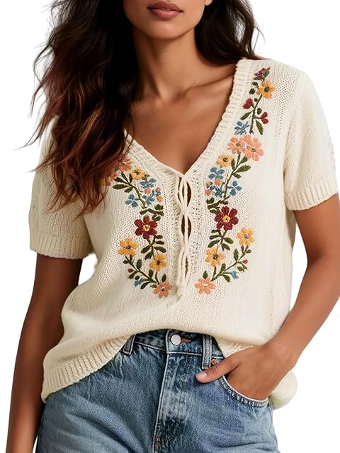 utcoco Womens Y2K Floral Embroidered Tie V Neck Knit Top Boho Short Sleeve Sweater Vintage Pullover