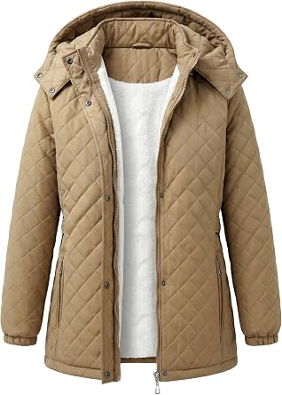 JiangWu Women's Long Fleece Lined Winter Coat -Stylish Diamond Quilted Warm Jacket with Removable Hood