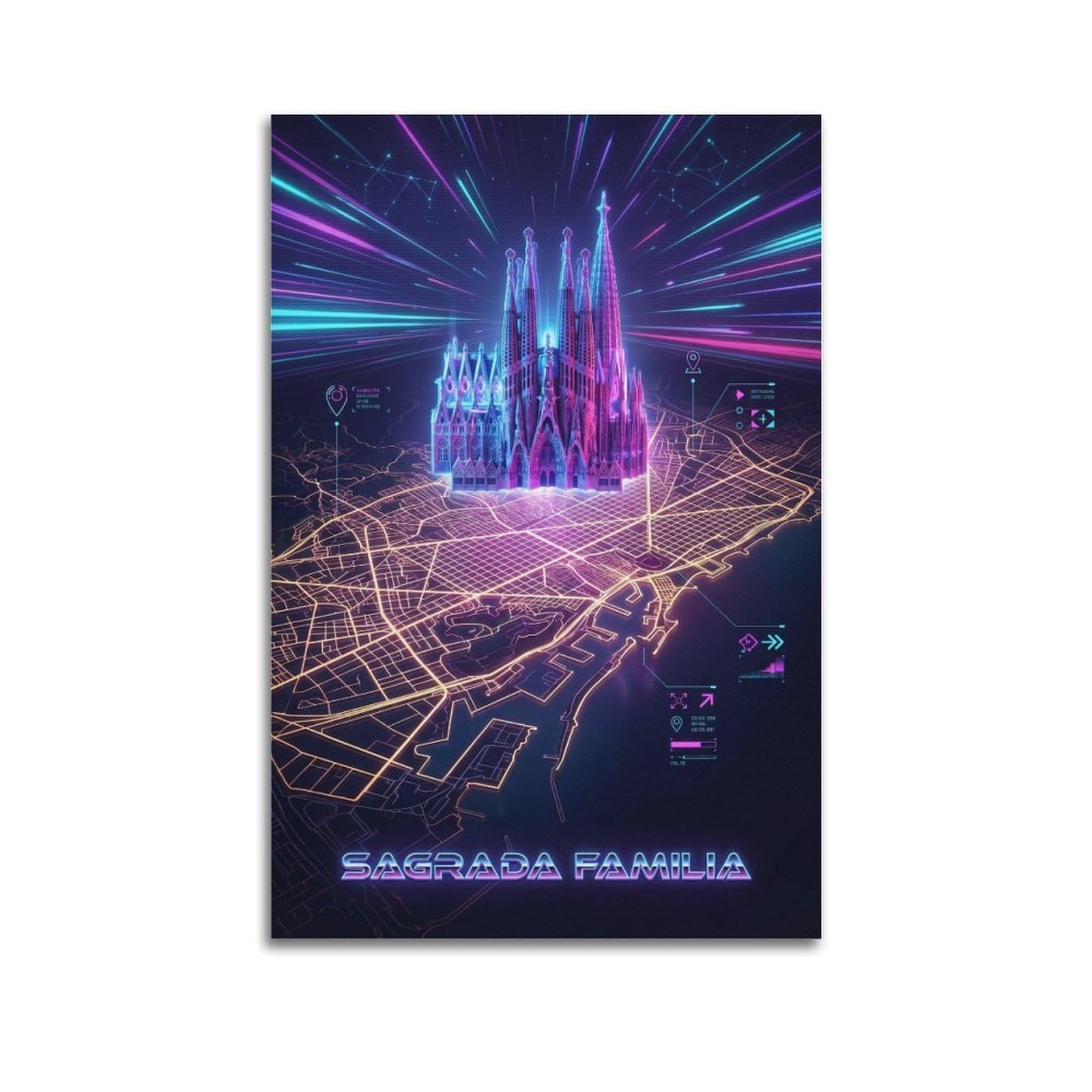 XKUGA Barcelona Spain Future City Neon Travel Poster Modern Decorative Canvas Prints - Ideal Wall Art for Family, Man Cave, Game Room, Boys & Girls Bedroom 24x36inch(60x90cm)