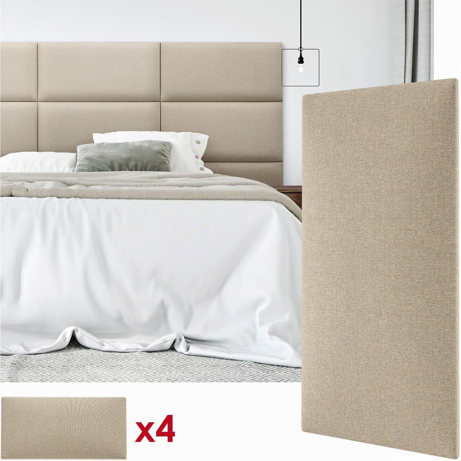 Mollis Lot de 4 panneaux muraux rectangulaires décoratifs comme tête de lit ou protection contre les impacts, en mousse, 60 x 30 cm, beige clair