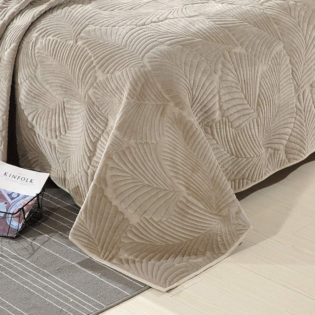 Gesteppte Tagesdecke 3-teilige weiche Plüschdecke Doppelbett Steppdecke Bettüberwurf mit Bananenblattmuster und 2 Kissenbezügen(Khaki,270 * 234cm)