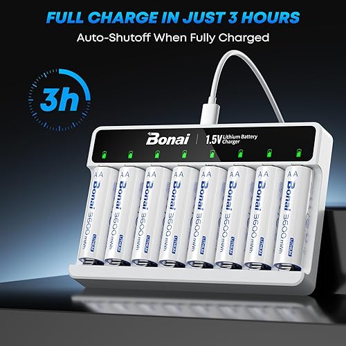 Miniatura 3 de BONAI Baterías recargables AA de litio con cargador, 1.5 V 3600 mWh AA 8 unidades con carga rápida de batería AA AAA, incluye cable, adaptador de