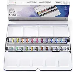 WINSOR & NEWTON Conjunto de aquarela Cotman – caixa de metal 24 meias frigideiras