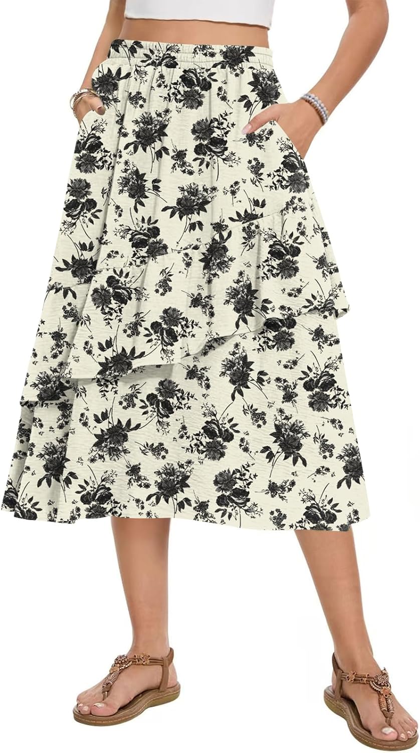 Women's Boho Tiered Midi Skirt Vintage Summer Elastic High Waist Skirt Ruffle A-Line Flowy Skirts with Pockets