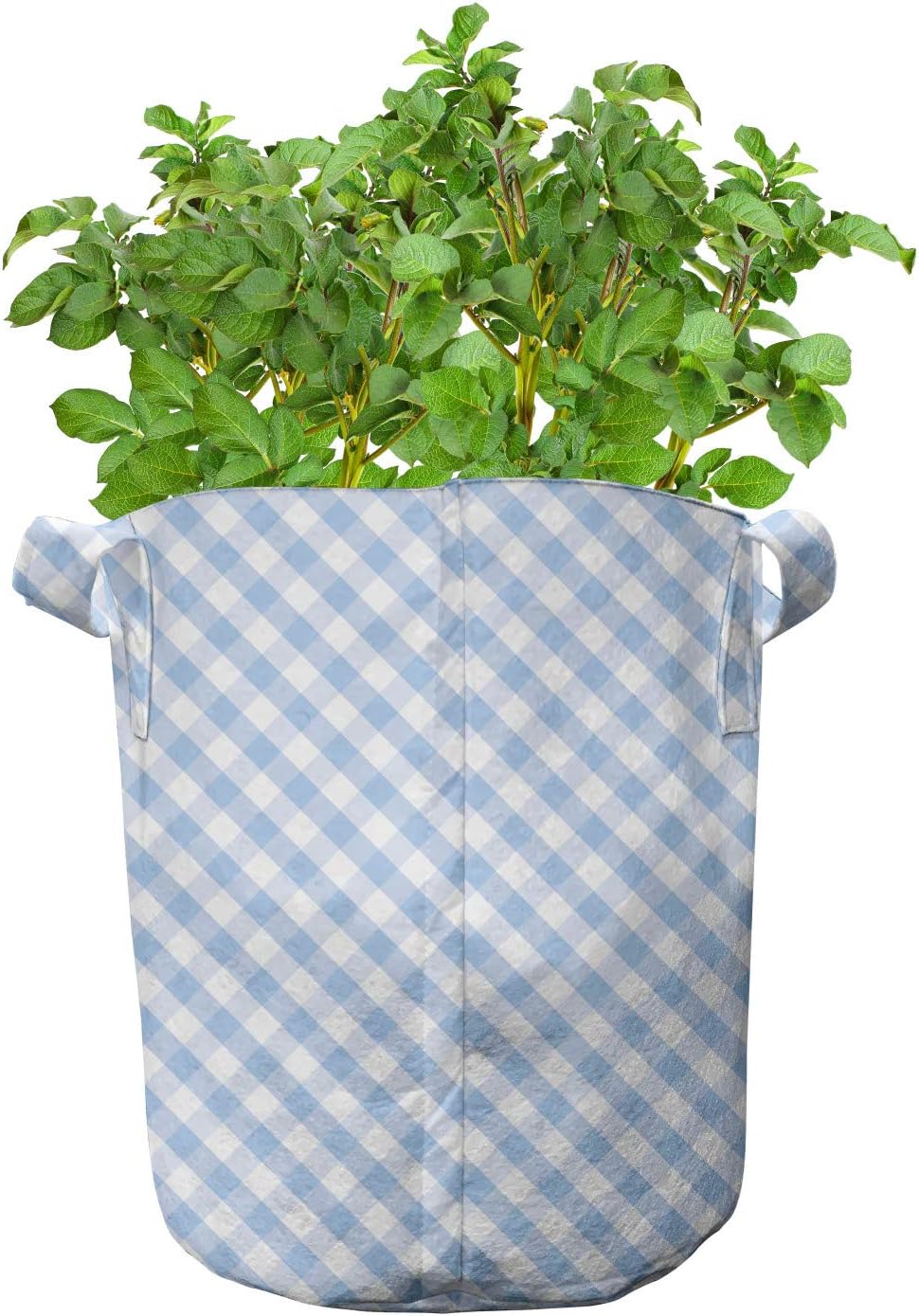 Lunarable Gingham Check Grow Bags 5-Pack, Nostalgic Picnic Art, Heavyduty Fabric Pots with Handles for Plants, 5 Gallon, Pale Azure Blue and White