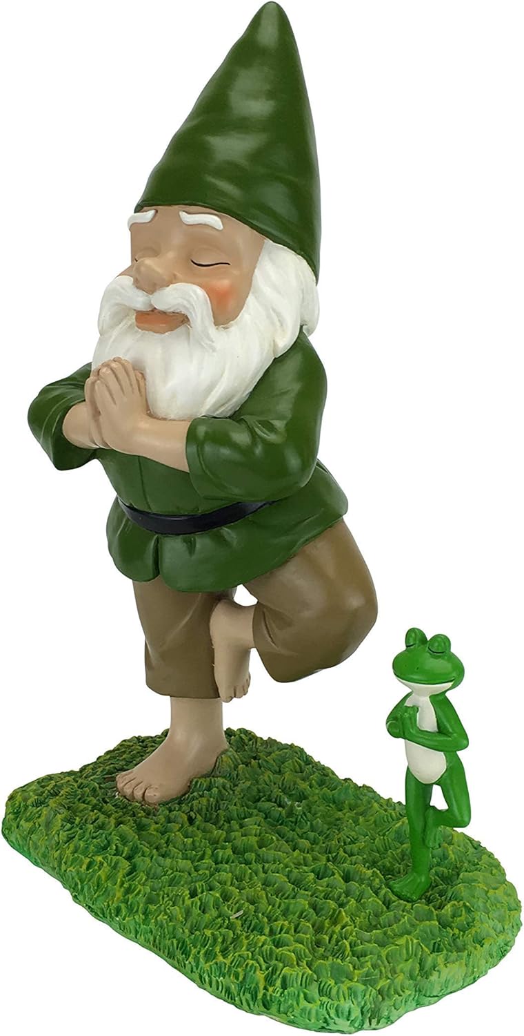 GlitZGlam Zen Gnome and Zen Frog - Tree Pose– Tranquility and Peacefulness for Your Fairy Garden and Garden Gnomes A Large 11” Inches Tall Miniature Gnome Figurine