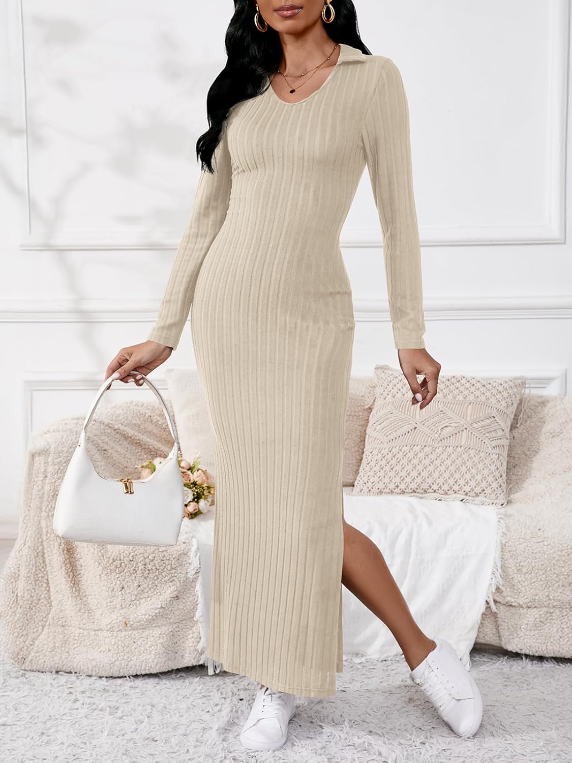 Women's Casual Long Sleeve Collar V Neck Maxi Sweater Dress Sexy Slit Thigh Ribbed Knit Bodycon Pencil Dresses - Image 3