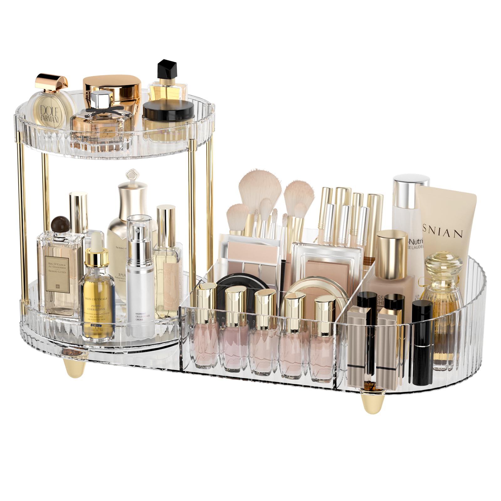 Lulltou Makeup Organizer Countertop for Vanity, Rotating Skincare Organizers and Storage, 2-in-1 Cosmetic Organizer Display Case with Makeup Holder Perfume Tray for Desk Counter Bathroom Dresser