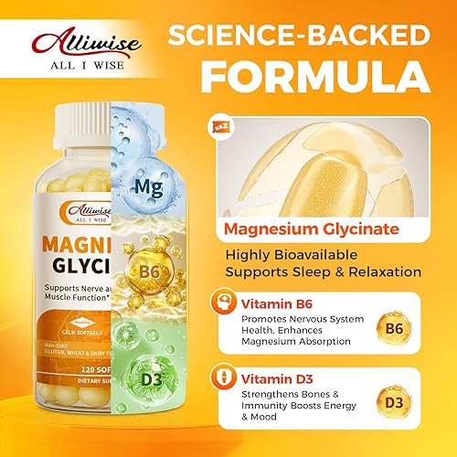 Miniatura 5 de Paquete de 2 cápsulas blandas de suplemento de magnesio, glicinato de magnesio de fácil absorción 400 mg con vitamina B6, D3, magnesio de alta