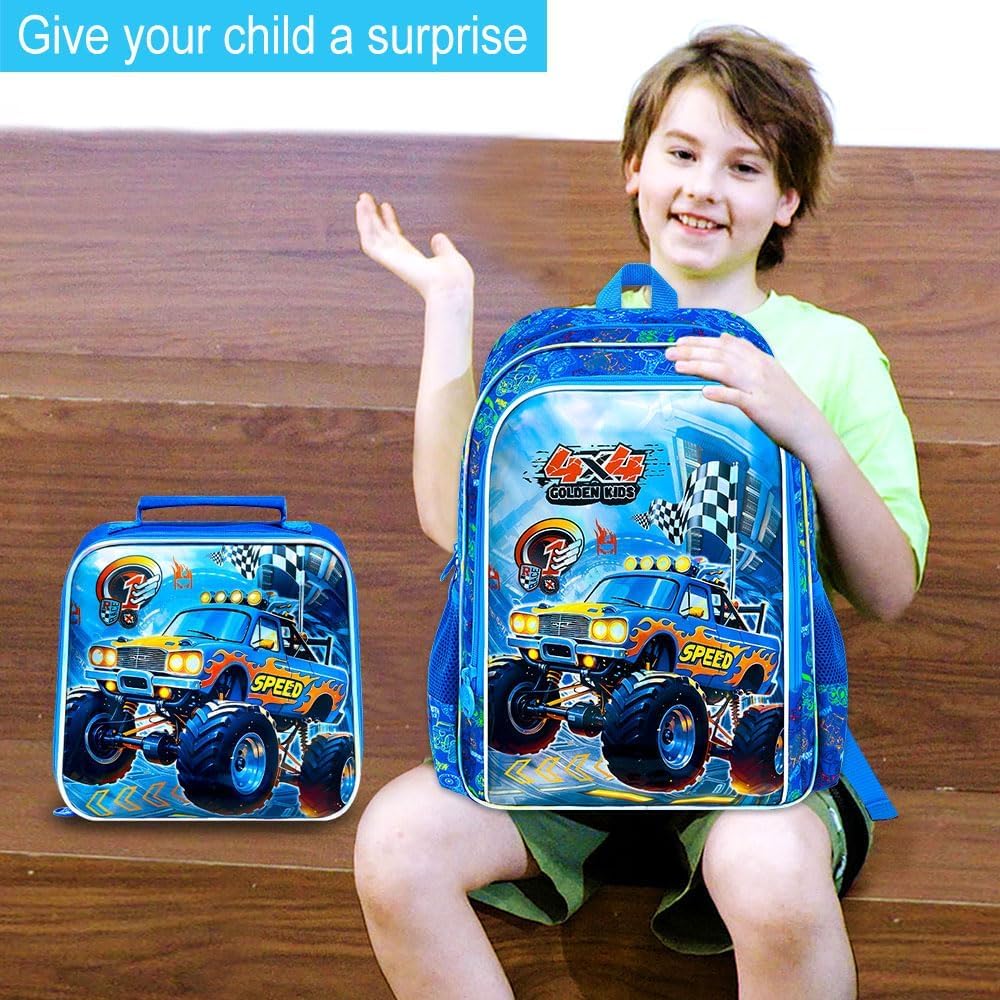 16" Truck Backpack for Boy, 3Pcs Bookbag for Elementary Preschool Kindergarten, Kids School Backpacks with Lunch Box (Blue) - Image 8