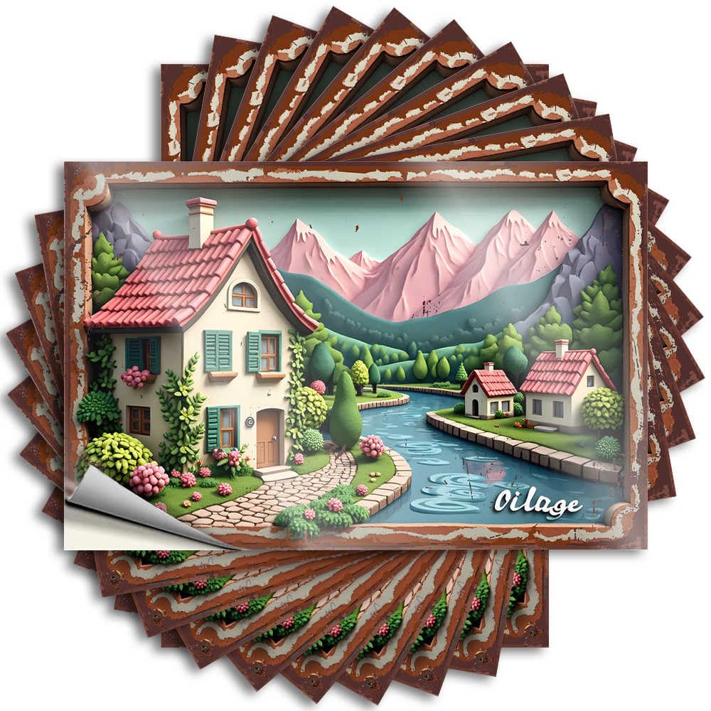 Halloween Wall Decals | Whimsical Village with Red Roofs and Lush Greenery Autumn Durable Vinyl Sticker Easy Apply for Billiard(8X12CM)