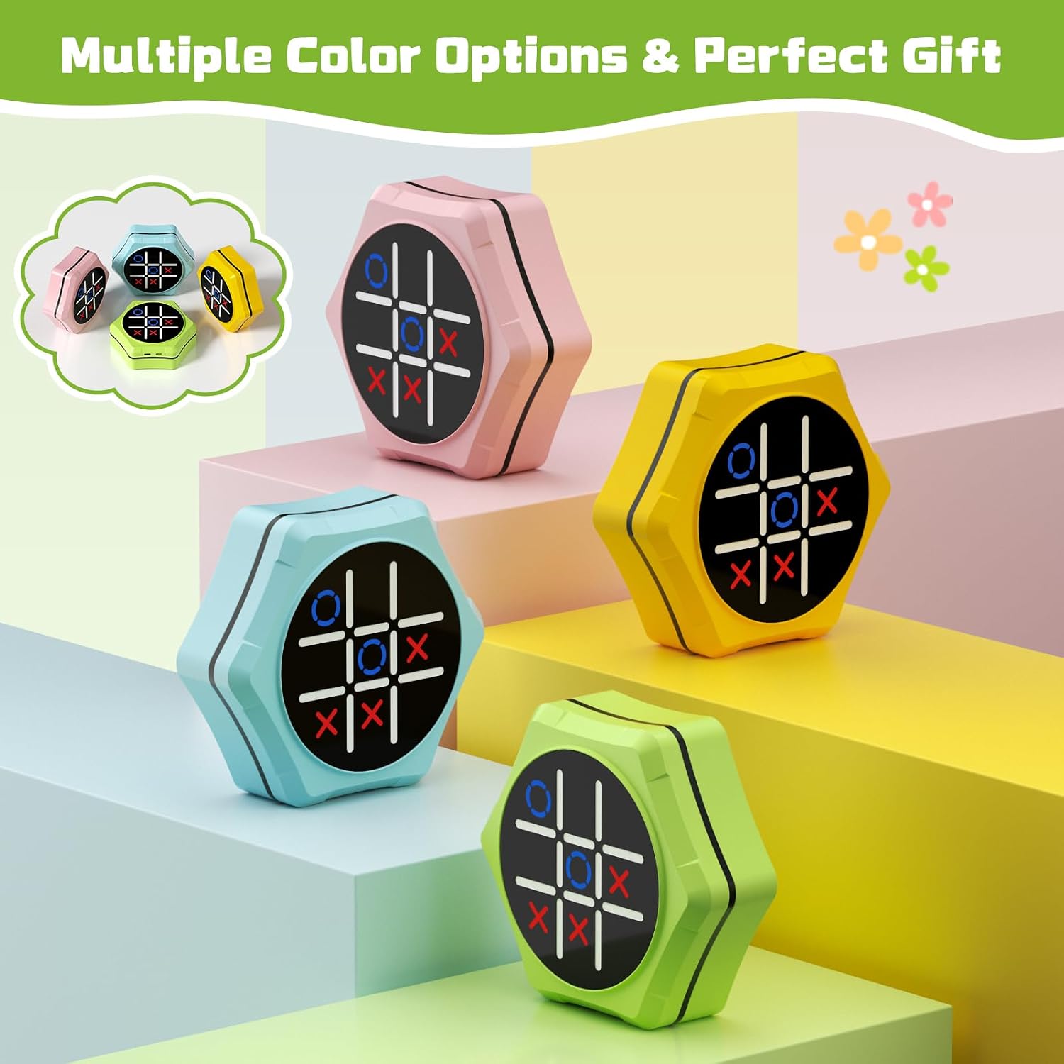 Electronic Tic Tac Toe Game,5-in-1 Handheld Puzzle Games,Tic Tac Toe Bolt Game for Educational&Memory,Portable Travel Games for Car Ride with Silent Mode,Toys Gift Idea for Kids & Family-Green