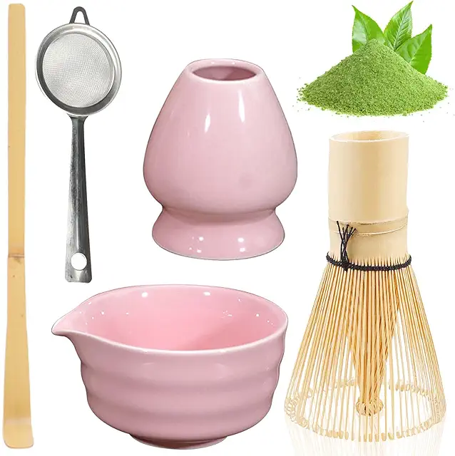 BAIFULAI 5-Piece Matcha Tea Set with Ceramic Bowl & Bamboo Whisk - Pink