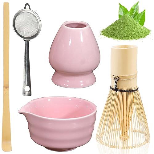 BAIFULAI Matcha Tea Set, 5-Piece Matcha Whisk Set Made of Ceramic, Japanese Tea Set, Matcha Bowl, Whisk Holder, Strainer, Japanese Accessories for Matcha Ceremony (Pink)