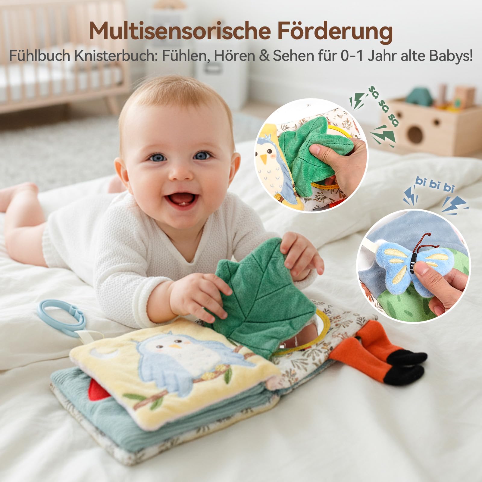 WOODEN TEETHER Książka materiałowa dla niemowląt z lustrem, zabawka sensoryczna i interaktywna z uczuciami, prezent dla noworodków 0-6 miesięcy