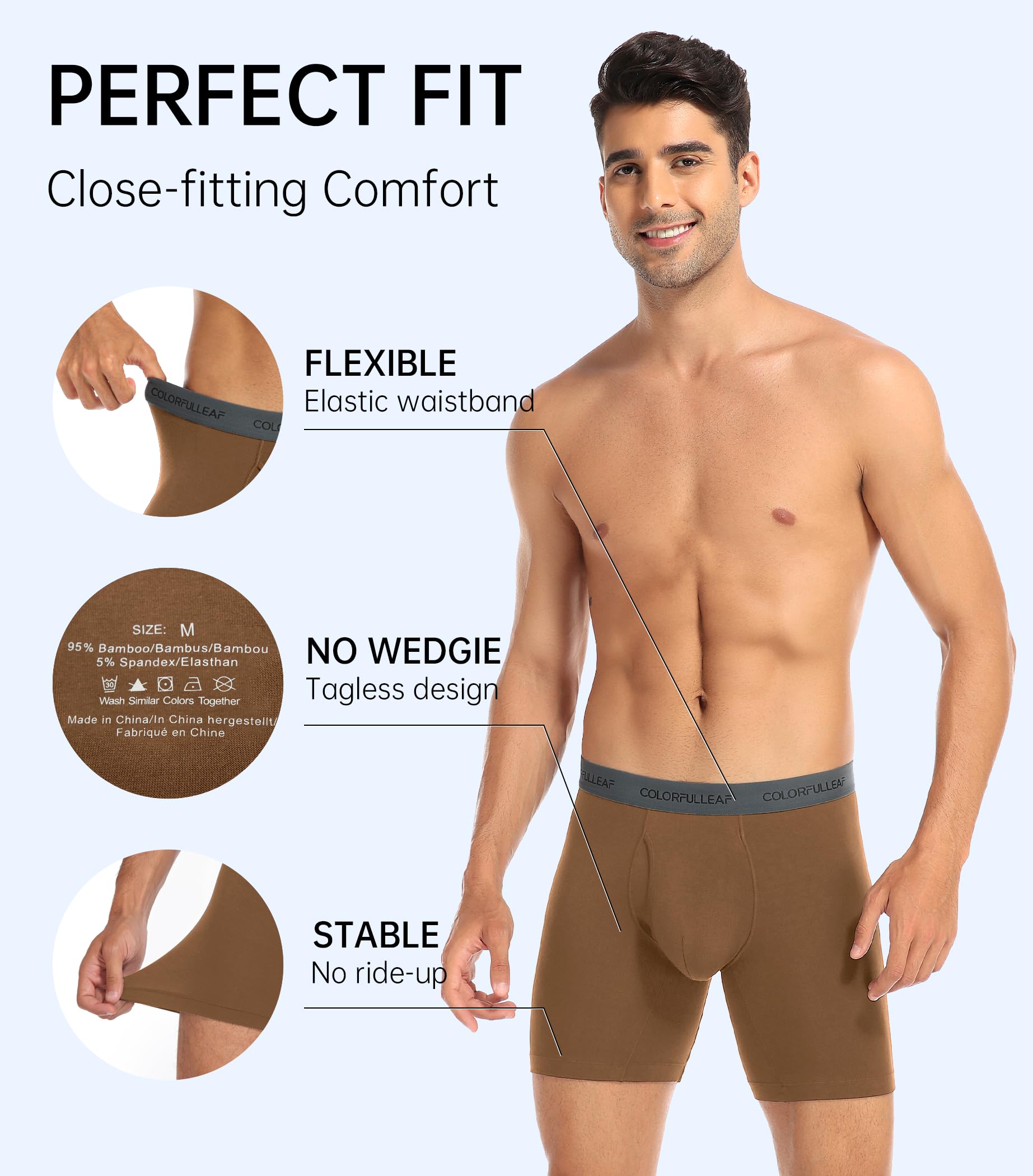 COLORFULLEAF Mens Underwear Soft Bamboo Rayon Boxer Briefs Breathable Open Fly Underwear Multipack