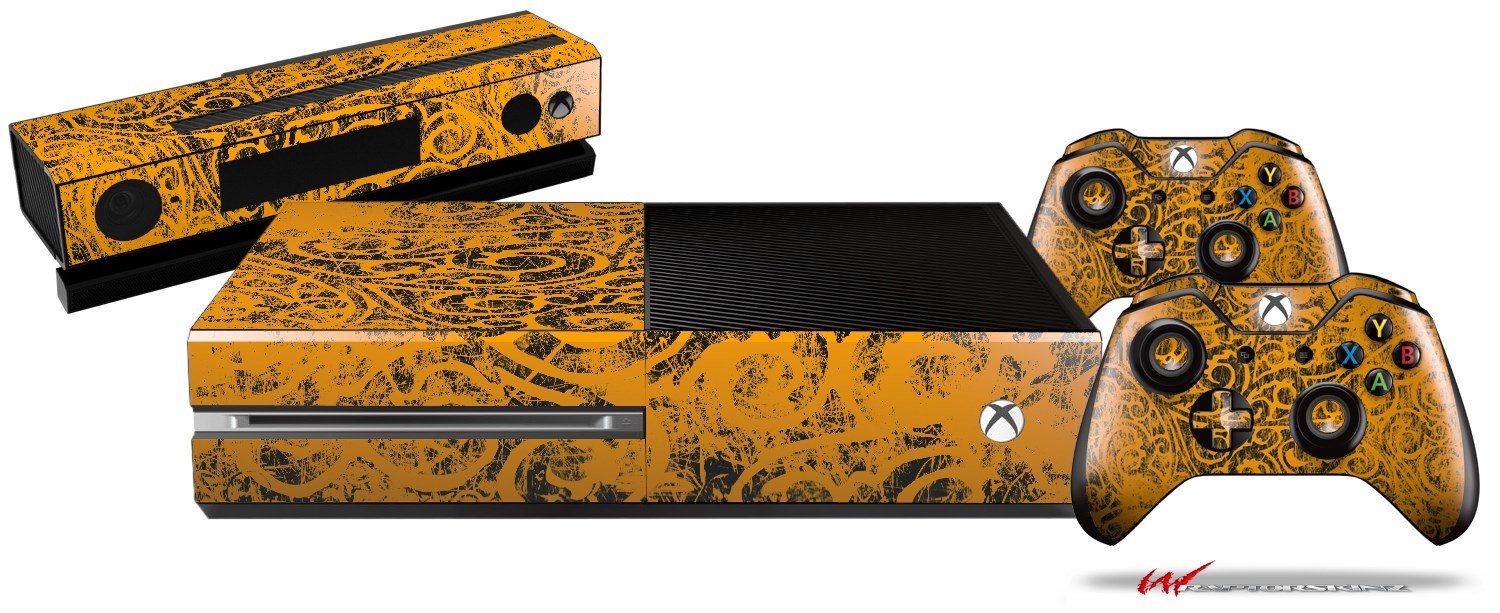 Folder Doodles Orange - Holiday Bundle WraptorSkinz Decal Style Vinyl Skin Wrap compatible with XBOX One Original Console, Kinect and 2 Controllers (GAMING SYSTEM NOT INCLUDED)