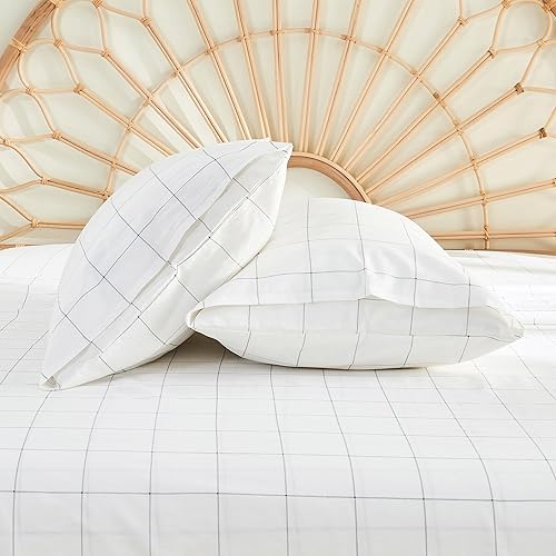 Miniatura 2 de JELLYMONI Juego de sábanas 100 % algodón, a cuadros blancos, tamaño King, ropa de cama suave con sábana bajera de bolsillo profundo, sábana encimera