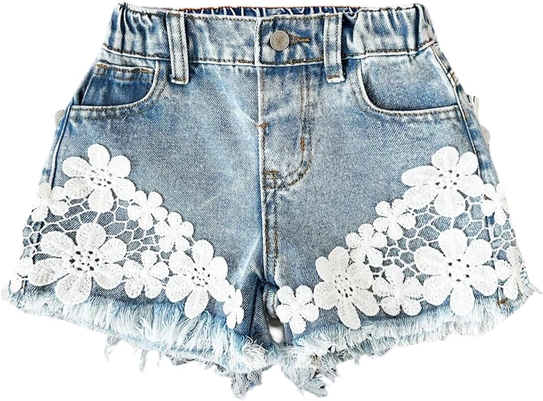 MakeMeChic Girl's Summer Floral Lace Denim Shorts Distressed Trim Zip Fly Micro Mini Jorts