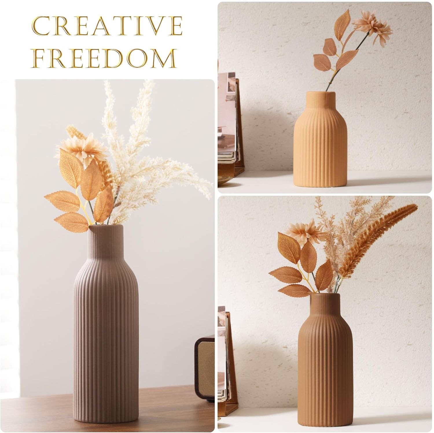 Ceramic Vase Set of 3 - Handcrafted Ceramic Vases for Home Decor & Shelf - Modern Farmhouse Decor for Kitchen, Office, Bedroom & Living Room Decorative Objects for Mantel, Table Centerpieces - Image 5