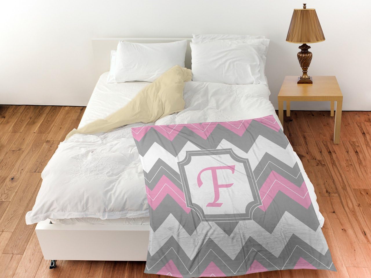 Manual Woodworkers & Weavers Coral Fleece Throw, 30 by 40-Inch, Monogrammed Letter F, Pink Chevron