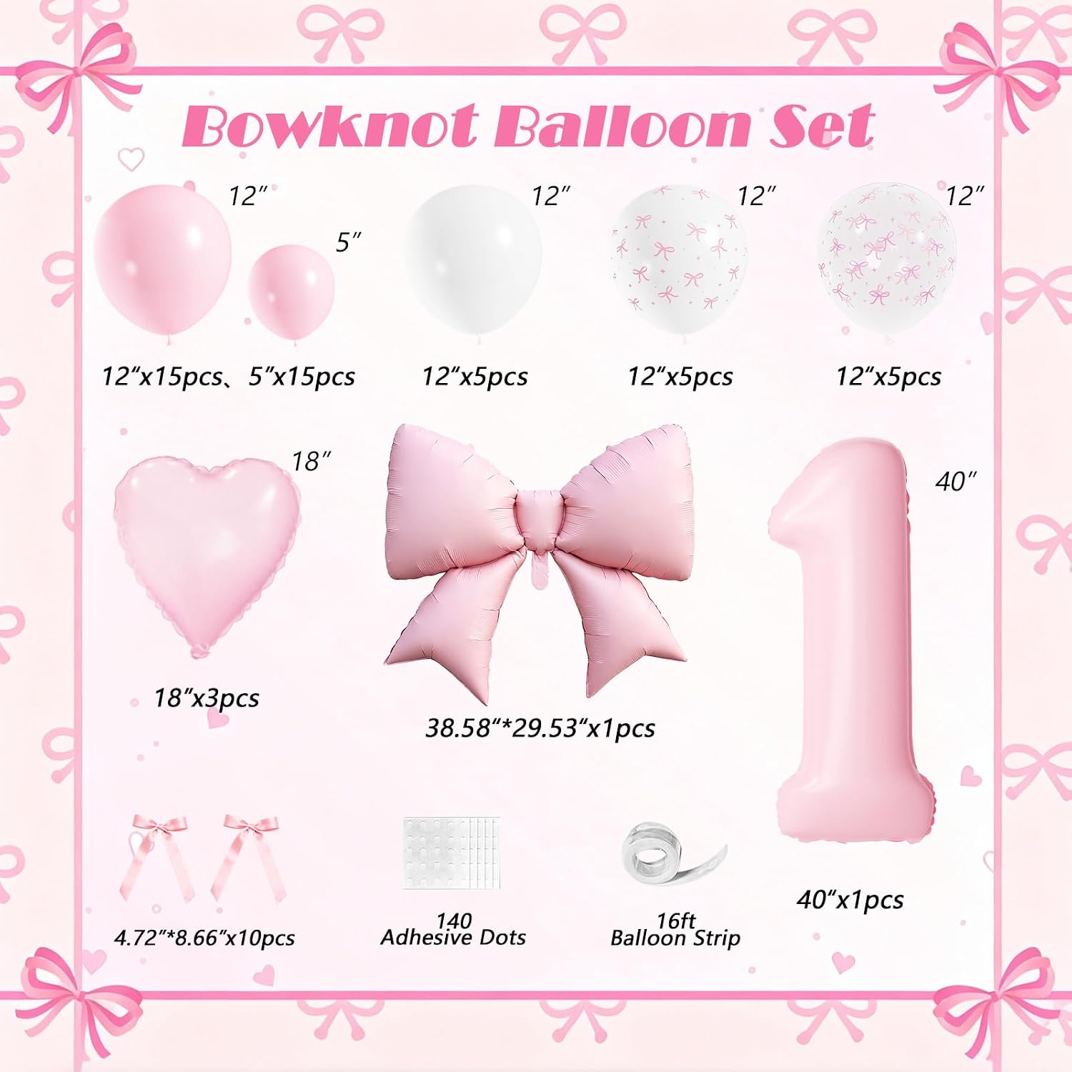 Pink Bow 1st Birthday Decorations Girls, Pink and White Balloons with Bow Heart Number 1 Balloon for One Year Old First Birthday Anniversary Party Decor image 2