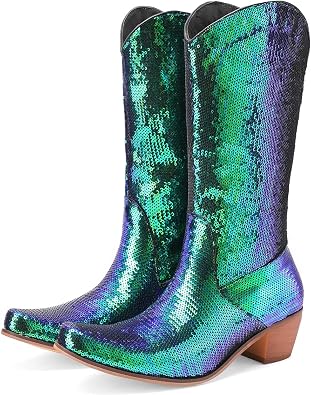 Sequined Glitter Mid Calf Western Boots Chunky Heels Sparkly Wide Calf Cowboy Boots for Women