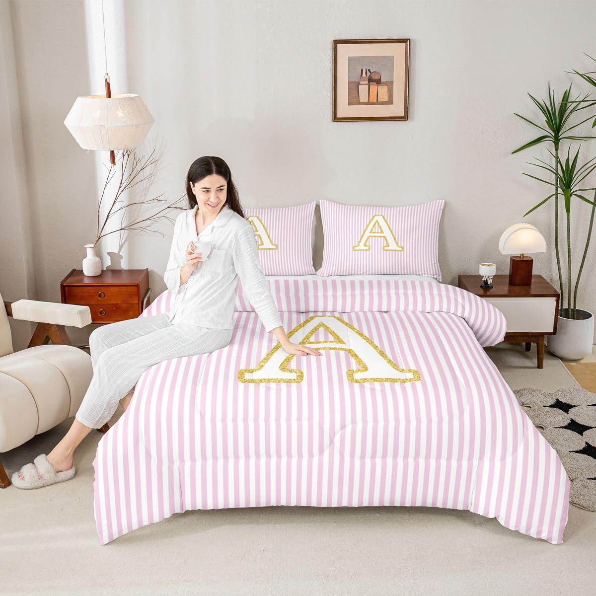 jejeloiu Initial Letter A Comforter Set Twin Size Pink White Striped Bedding Set for Kids Boys Girls Monogram Alphabet Duvet Quilt Stripes Bedroom Decor Microfiber 2 Pcs with 1 Pillow Cases