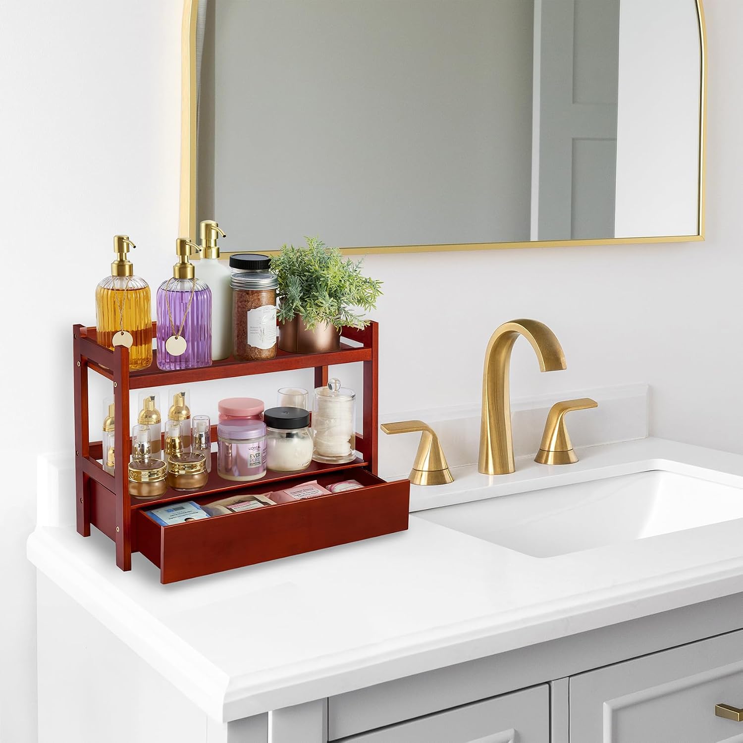 Sorbus Bamboo Bathroom Counter Organizer – 2-Tier Shelf with Hidden Drawer for Vanity, Matcha Station, Bathroom Sink Organizer Countertop, Kitchen & Office Storage (17″ L x 6.5″ W x 12.6″ H) (Brown)
