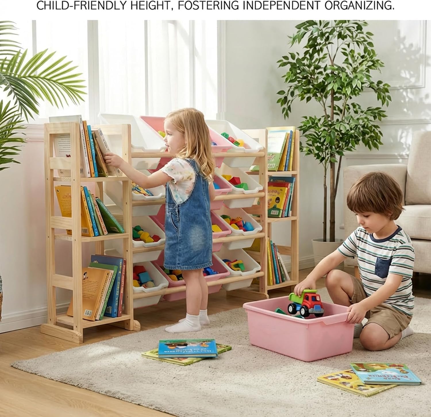 Amdermi Kids Toy Storage Organizer, 51" W White 6-Shelf Bookcase with 12 Bins, Cubby Unit for Toddler Playroom & Bedroom Organization（Pink）