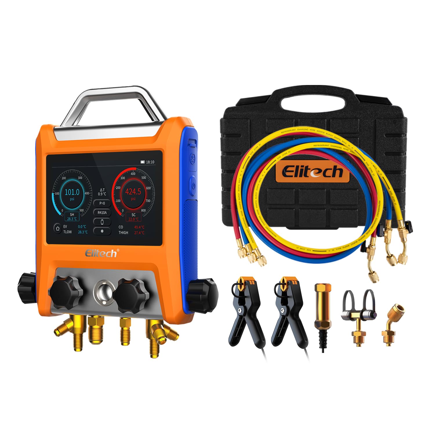 Elitech Manometr HVAC Inteligentny Czterodrożny EMG-40V - Precyzyjny Pomiar Ciśnienia I Temperatury, Kompatybilność Z Wieloma Czynnikami Chłodniczymi, Wyświetlanie Krzywych
