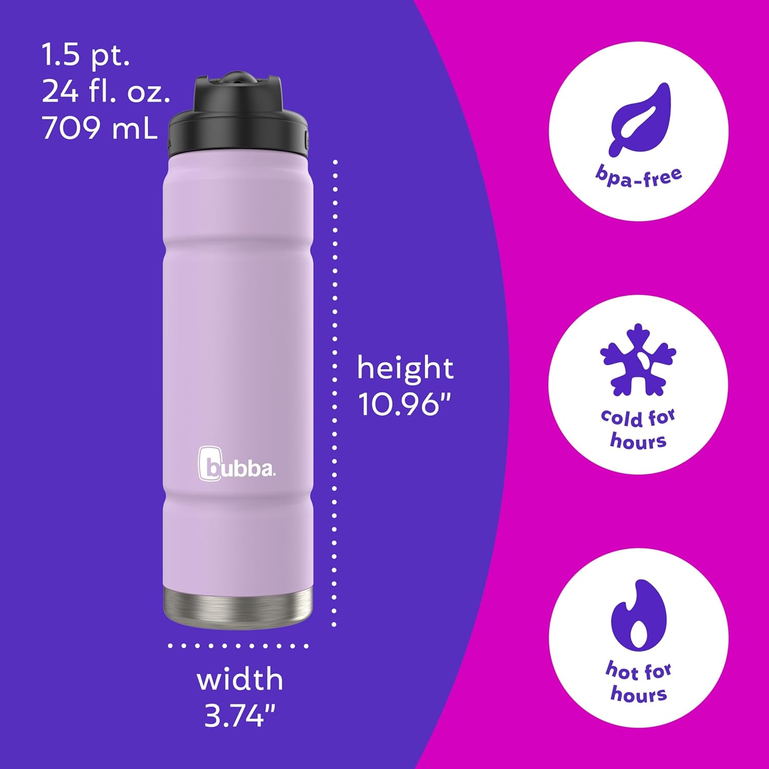 Bubba Trailblazer Stainless Steel Water Bottle, Straw Lid, Rubberized Purple, 24 fl oz